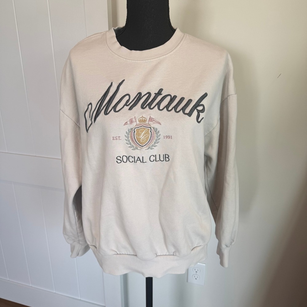 Garage Montauk Social Club Graphic Crewneck Sweatshirt Beige Women's Medium